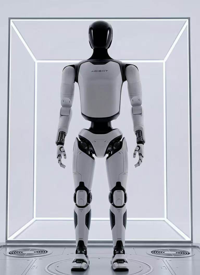 AgiBot A3 full-size humanoid robot displayed inside an illuminated frame