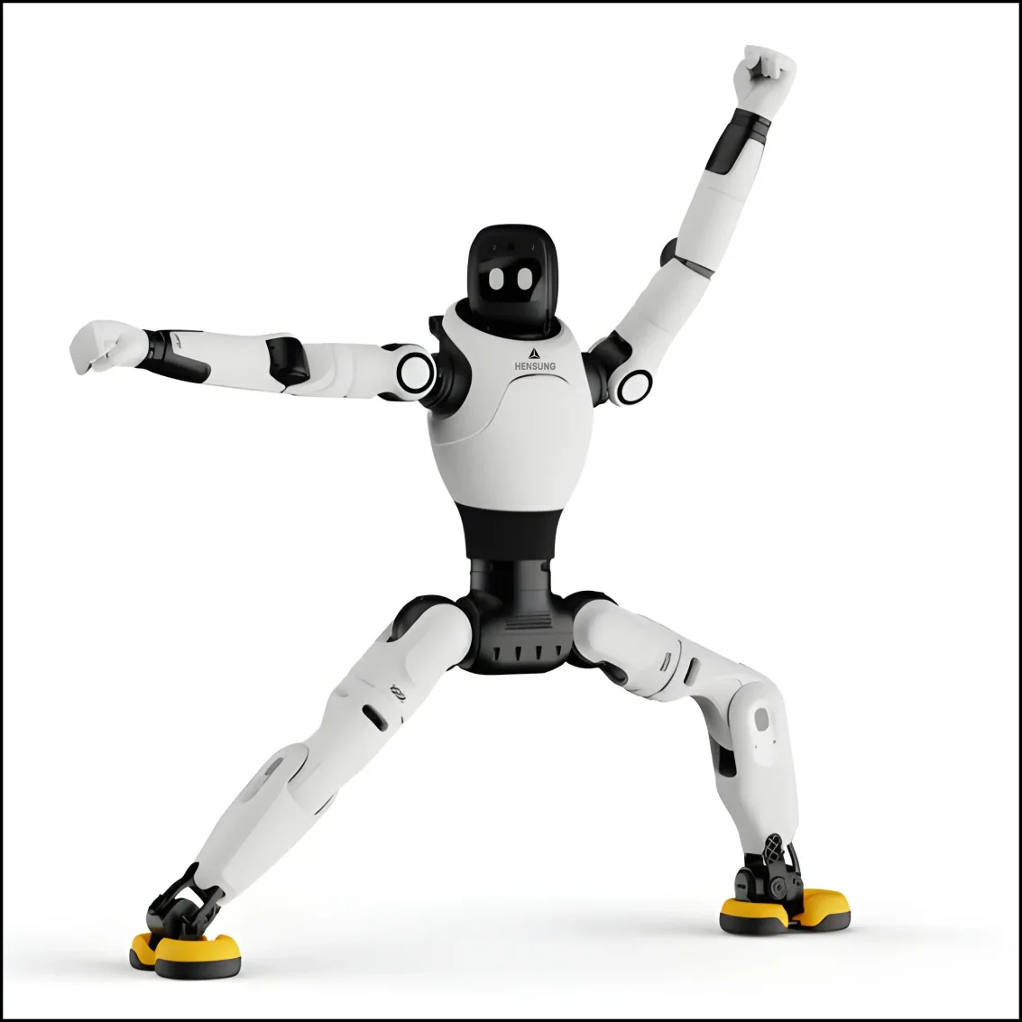 Hensung X2 compact humanoid robot in a wide dance pose on a white background